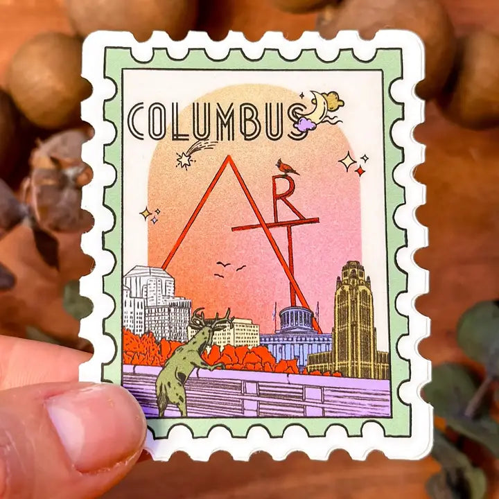 Columbus Sticker with CCAD Art Sculpture, Skyline, Deer by Local Artist