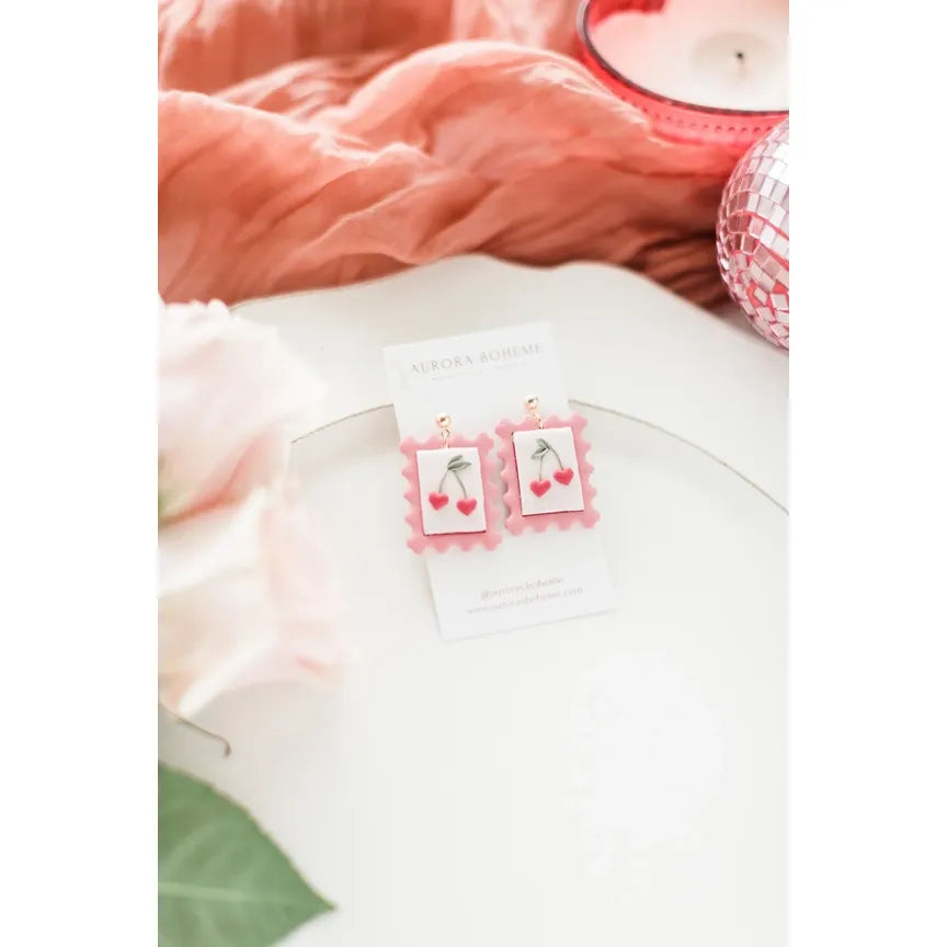 Cherry Heart Postage Stamp Dangle Earrings