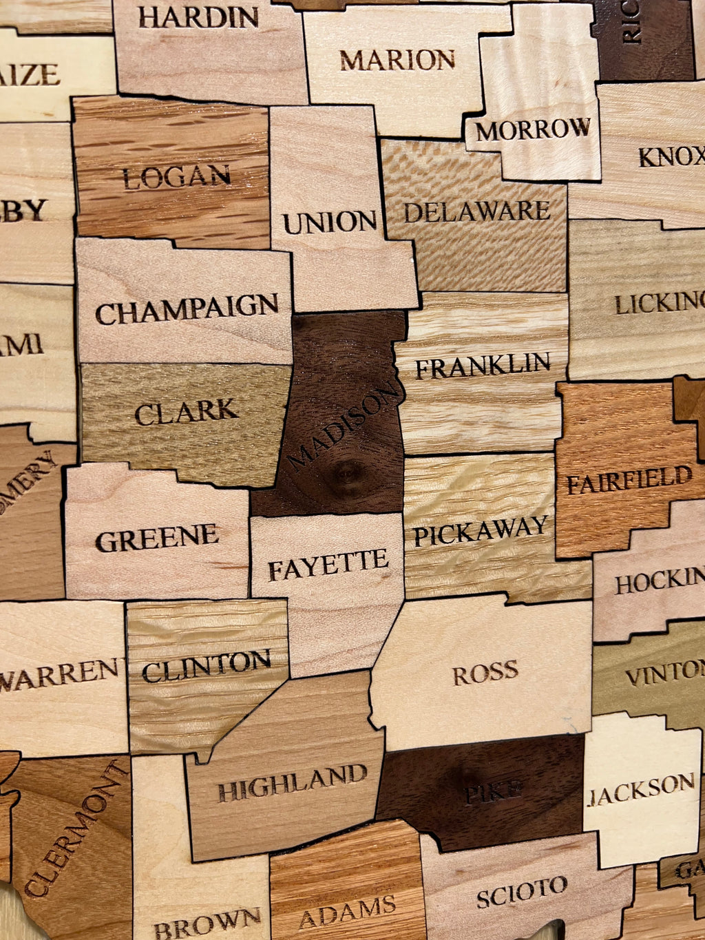 Artisan made Ohio County Map made with Ohio native woods