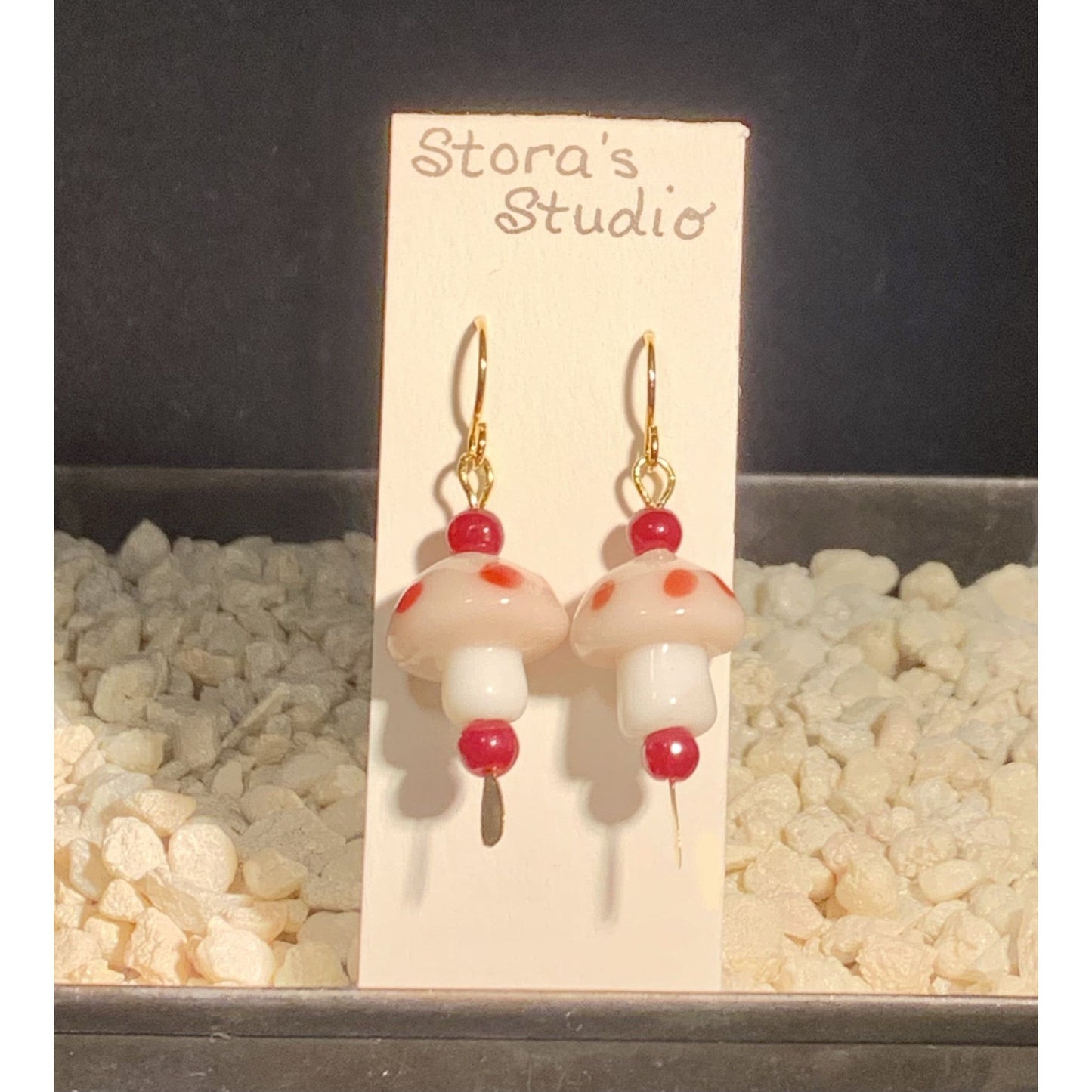 Red with Gold Mushroom Lampwork Earring