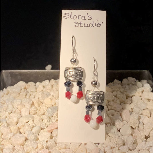 Red, White, Blue Crystal Hematite Earrings