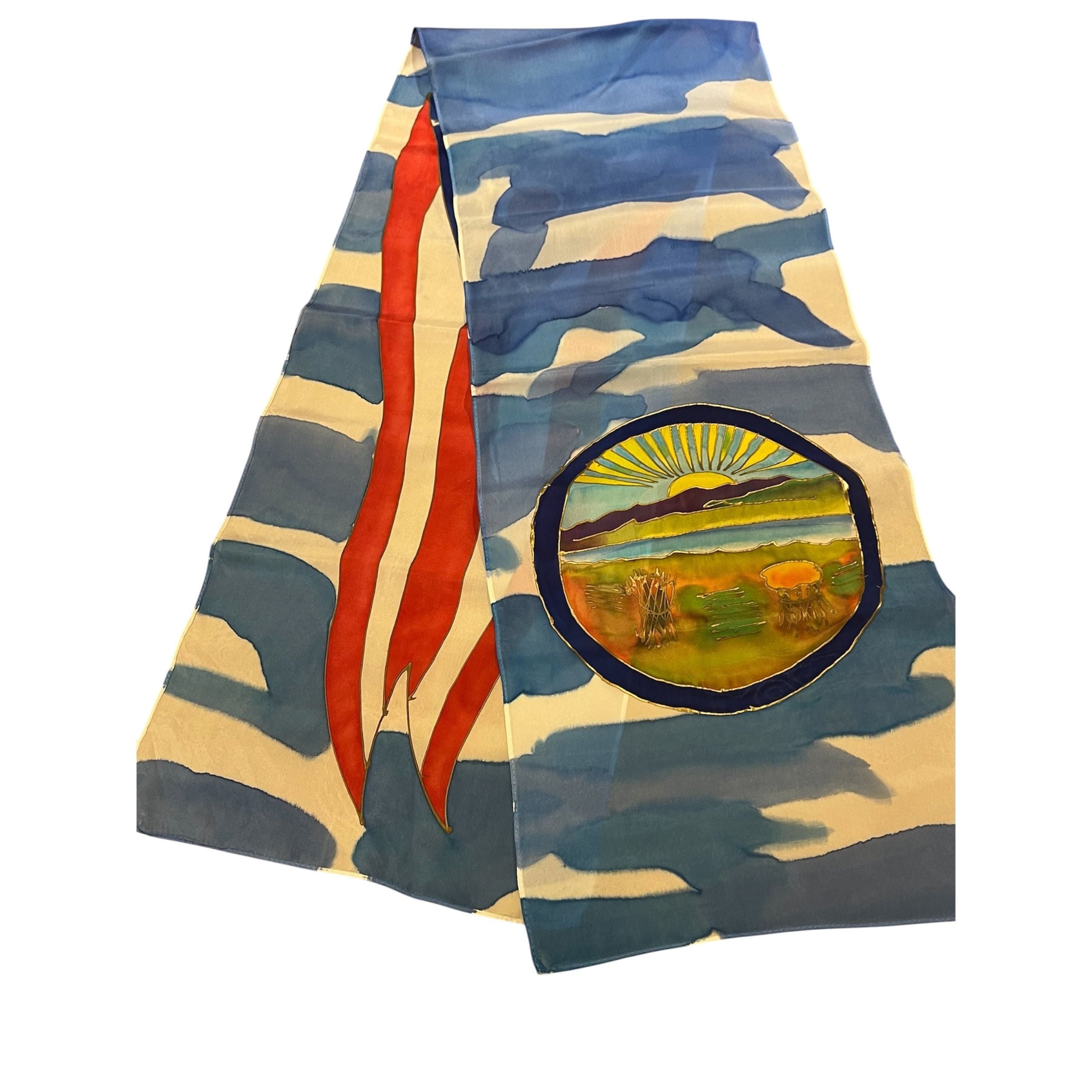Handpainted Ohio Flag and Ohio State Seal Silk Scarf