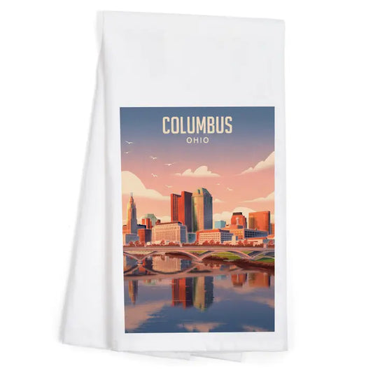 Columbus Ohio Skyline Lithograph Organic Tea Towel