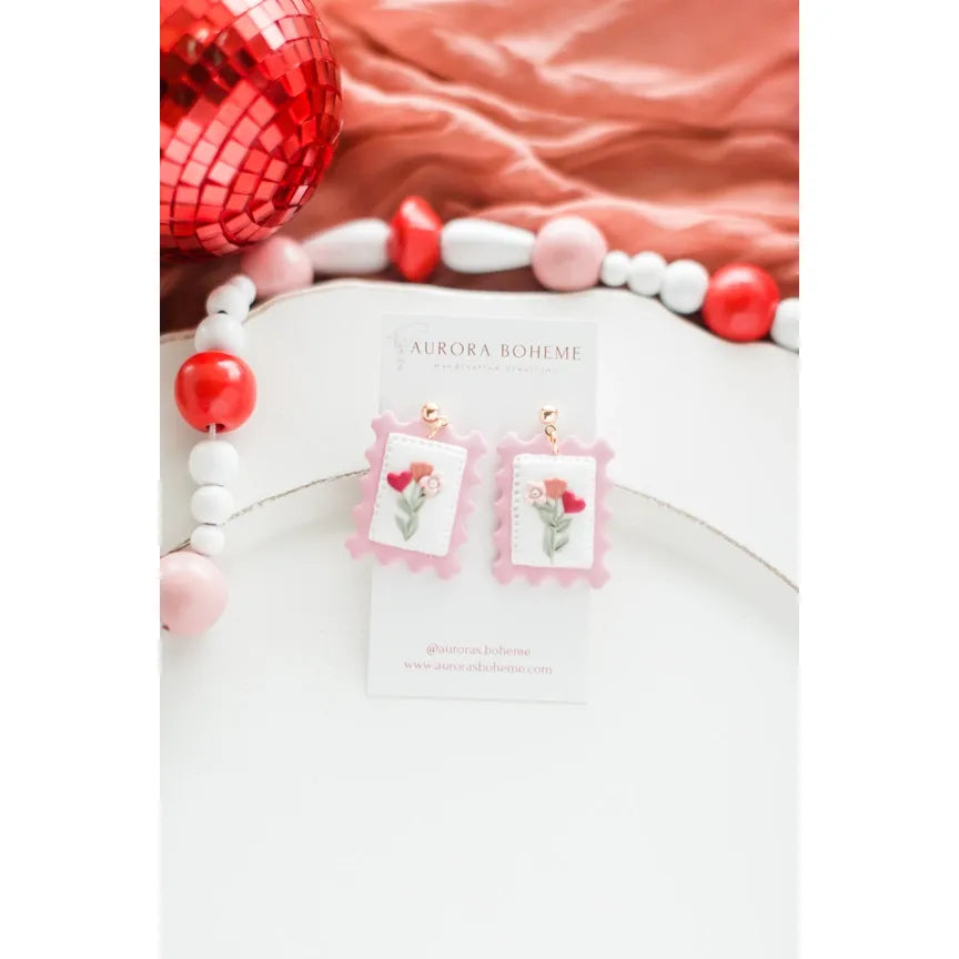 Flower Postage Stamp Dangle Earrings