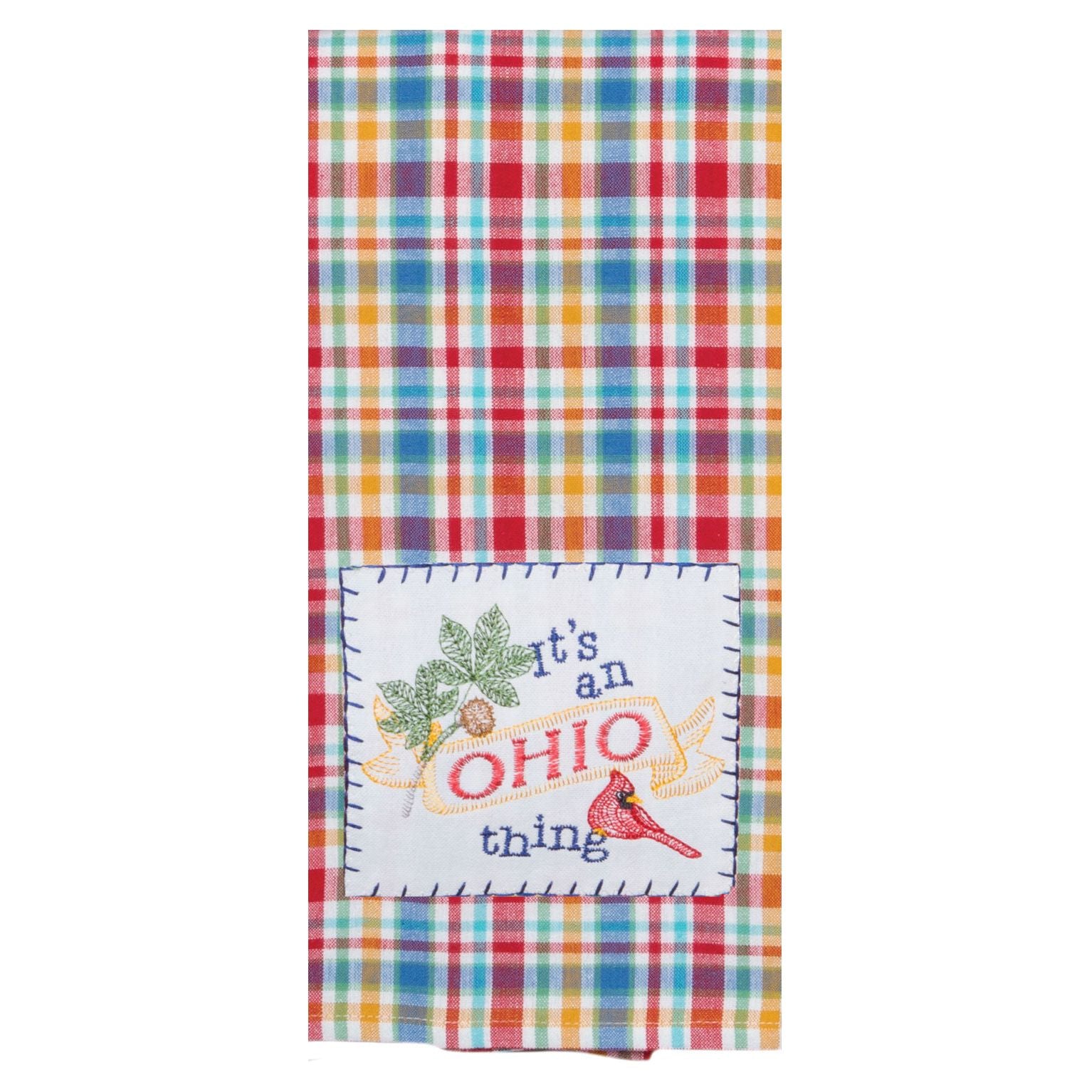 Ohio Plaid Embroidered Applique Tea Towel